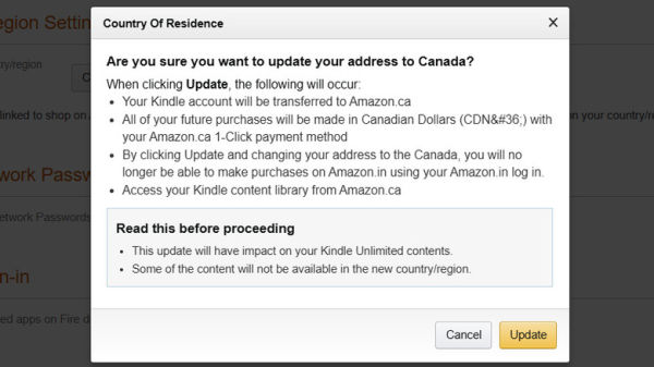 Change country of residence pop-up on Amazon website