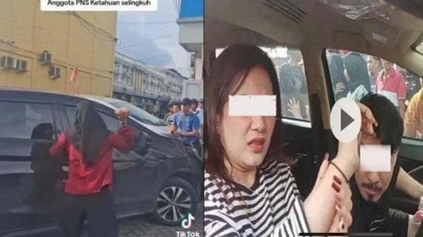 PEGAWAI IMIGRASI SELINGKUH - Tangkapan layar momen seorang wanita diduga istri sah sedang memecahkan kaca mobil pelakor, Senin (17/2/2025). Sosok pria yang digerebek itu adalah pegawai imigrasi di Pekanbaru.