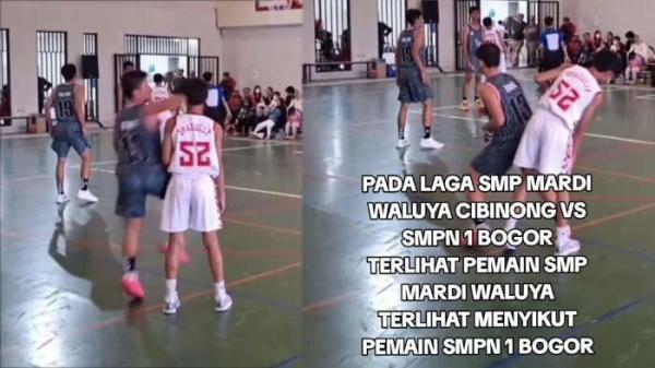 SISWA BOGOR DIPUKUL: Tangkapan layar rekaman video pemukulan siswa SMP di Bogor saat turnamen basket, disadur pada Kamis (20/2/2025). Viral di media sosial rekaman siswa SMP di Bogor dipukul lawannya sesama pelajar saat turnamen basket. Ulah kasar pelaku disorot tajam anggota DPR RI.