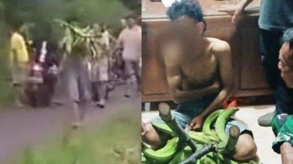 REMAJA CURI PISANG - AAP (17), warga Kecamatan Trangkil, Kabupaten Pati diarak usai kedapatan mencuri empat tundun pisang dari kebun warga, Senin (17/2/2025). Kini siswa SMA itu kerja di Polsek dan diangkat jadi anak asuh