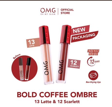 ombre lipstik omg untuk bibir hitam. Produk adalah Oh My Glam MatteLast Lip Cream Bold Coffee Ombre 12 & 13. Sumber: shopee.co.id/OMG Beauty Official Shop