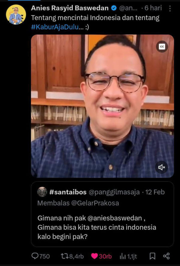 Video Anies Baswedan mantan Gubernur DKI Jakarta yang diunggah pada akun twittternya, jumat 14/02/2025 (sumber: https://x.com/aniesbaswedan?t=kQOOxGlAAWNRe5IhvMYjDA&s=09).