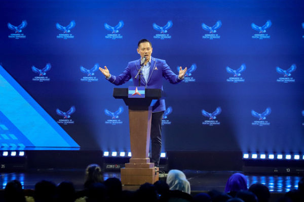 Ketua Umum Partai Demokrat Agus Harimurti Yudhoyono (AHY)  pada acara Kongres VI Partai Demokrat 2025 di Ballroom The Ritz-Carlton Jakarta Pacific Place, Senin (24/2/2025). Foto: Jamal Ramadhan/kumparan