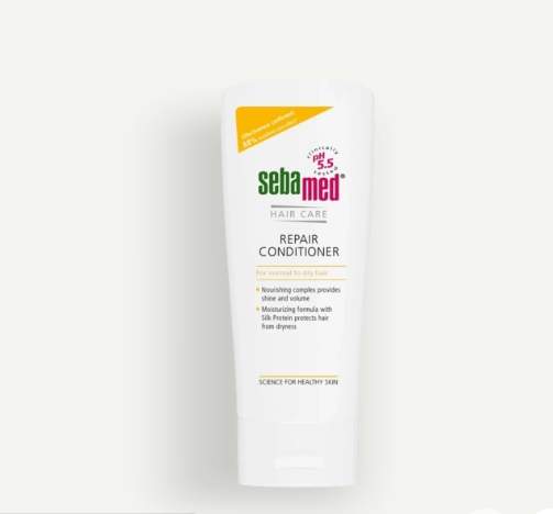 rekomendasi conditioner untuk rambut rontok dan ketombe. Produk adalah Sebamed Repair Conditioner. Sumber: sebamed.co.