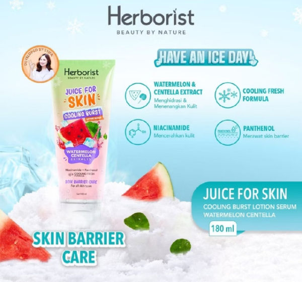 Foto adalah Herborist Juice for Skin Cooling Burst Watermelon & Centella. Sumber: Shopee/Oemah Herborist Official Shop