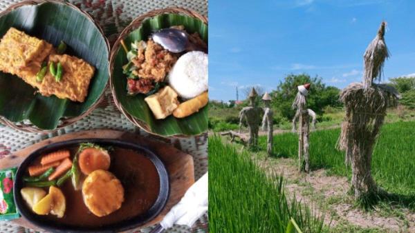 Sajian bestik, nasi gunungsari dan mendoan serta orang-orangan sawah di lahan pertanian di Taman Sehat Rejosari.