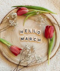 This may contain: the word hello march spelled with scrabbles and flowers on a wooden plate