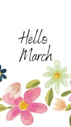 This may contain: the words hello march are written in black ink on a white background with colorful flowers