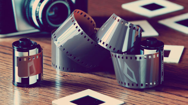 Unwound camera film sitting on a table