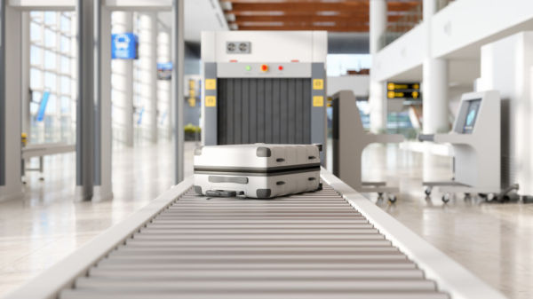 A suitcase trolleys down a TSA conveyor belt towards an X-ray machine