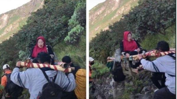 Viral Mbok Yem Pemilik Warung Tertinggi di Pulau Jawa Turun Gunung dengan Tandu