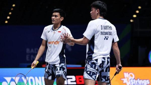 FIKRI/DANIEL ALL ENGLAND - Shohibul Fikri/Daniel Marthin melawan Kim Astrup/Anders Rasmussen di All England 2025, Utilita Arena, Birmingham, Inggris pada 11 Maret 2025. (Dok. PBSI)