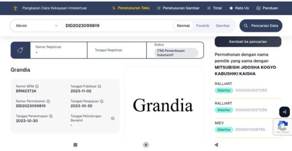 Data Mitsubishi Grandis di Pangkalan Data Kekayaan Intelektual Kementerian Hukum. Foto: DJKI