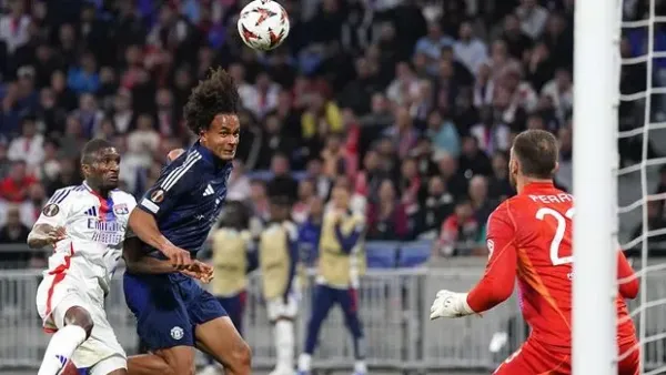 Manchester United's Joshua Zirkzee scores their side's second goal of the game during the UEFA Europa League quarter-final, first leg match at Parc Olympique Lyonnais in Lyon, France. Picture date: Thursday April 10, 2025. (Photo by Adam Davy/PA Images via Getty Images)