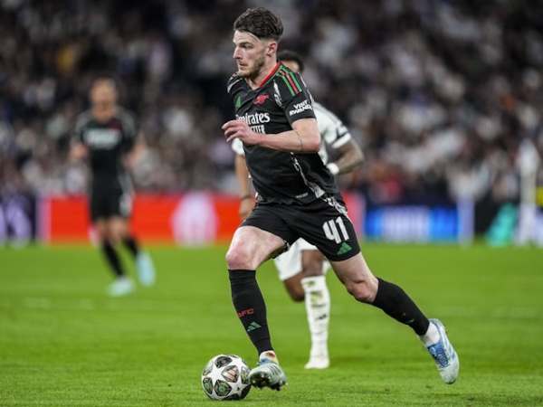 Arsenal's Declan Rice in action against Real Madrid on April 16, 2025