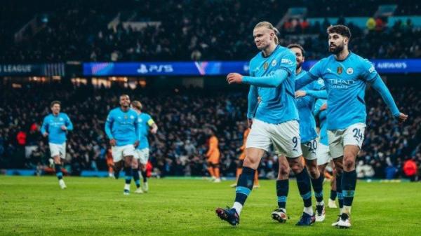 SELEBRASI ERLING HAALAND - Selebrasi penyerang Manchester City, Erling Haaland setelah mencetak gol ke gawang Real Madrid pada babak play-off 16 besar Liga Champions di Etihad Stadium, Rabu (12/2/2025) dini hari WIB. (Laman Resmi Manchester City)