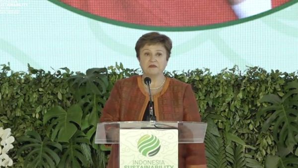 Direktur Pelaksana IMF, Kristalina Georgieva, di Indonesia Sustainability Forum (ISF), Jakarta, Kamis (7/9/2023). Foto: Dok. YouTube Kemenko Marves