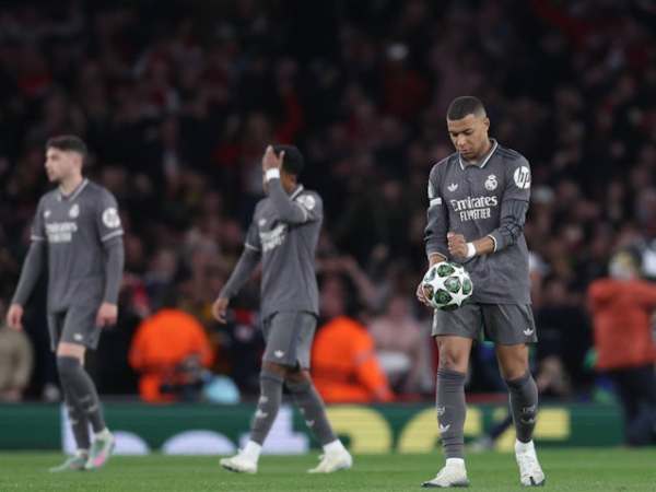 Real Madrid's Kylian Mbappe looks dejected after conceding on April 8, 2025