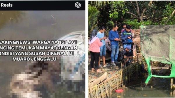 MAYAT DALAM KARUNG - (kiri) Postingan di media sosial terkait penemuan mayat dalam karung. (kanan) Anggota kepolisian Polresta Bengkulu datangi lokasi penemuan mayat untuk dievakuasi, pada Minggu (20/4/2025).