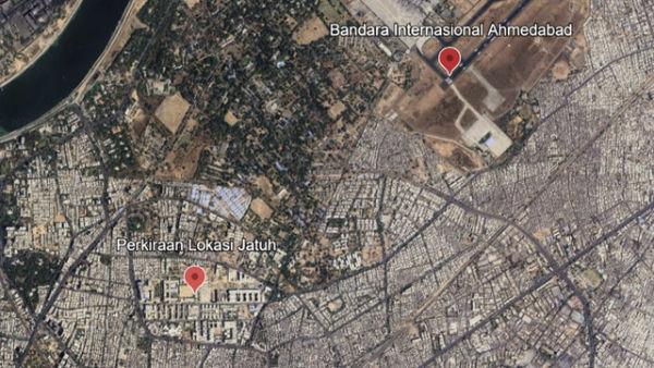 Lokasi perkiraan jatuhnya pesawat Air India. Foto: Google Earth