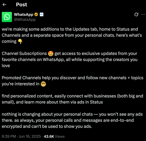 WhatsApp to start showing ads in updates tab, personal chats to remain unaffected