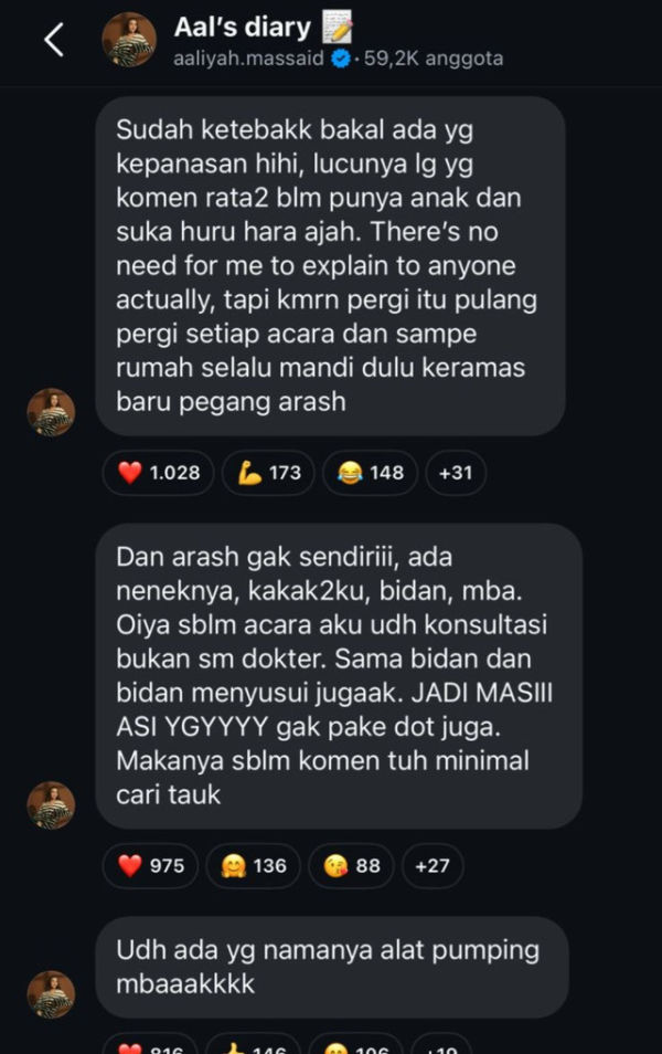 Klarifkasi Aaliyah Massaid soal dirinya hadiri pernikahan Alyssa Daguise usai melahirkan. Foto: Instagram @aaliyah.massaid