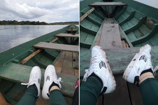 A side by side of a clean pair of white shoes and a dirty one