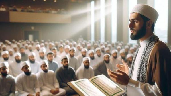 KHUTBAH JUMAT- Ilustrasi seorang pemuka agama Islam saat menyampaikan khutbah Jumat pada salat Jumat di masjid.