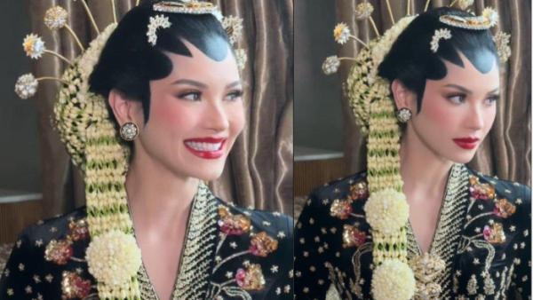ALYSSA TAMPIL MANGLINGI - Alyssa Daguise terlihat mengenakan kebaya hitam beraksen emas dan kain jarik coklat serta riasan paes Solo.