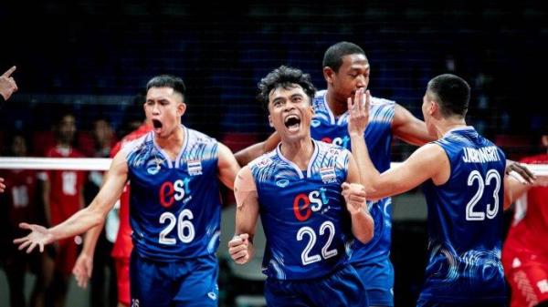 Selebrasi pemain Timnas voli Thailand saat pertandingan SEA V Leagues 2024 melawan Timnas voli putra Indonesia, Jumat (16/8/2024).