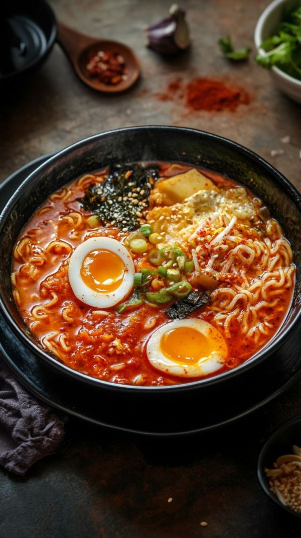 This may contain: a bowl of ramen with eggs and vegetables