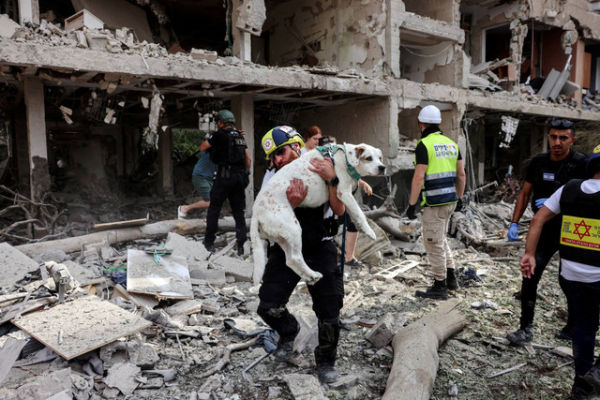 Tim penyelamat mengevakuasi seekor anjing setelah serangan rudal dari Iran di Tel Aviv, Israel, Minggu (22/6/2025). Foto: Tomer Appelbaum/REUTERS