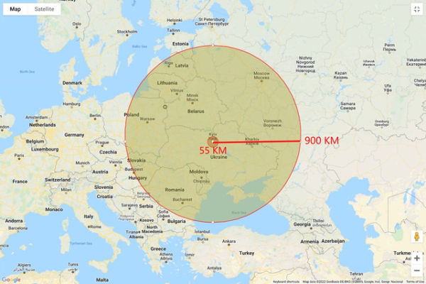 Radius ledakan ketika bom Nuklir menghantam Ukraina. Foto: mapdevelopers.com