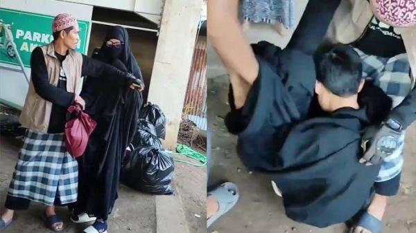 Tangkapan layar video viral pria berkerudung dan bercadar terciduk masuk area masjid khusus wanita yang terjadi di wilayah Makassar pada Minggu, (24/3/2024) siang. 