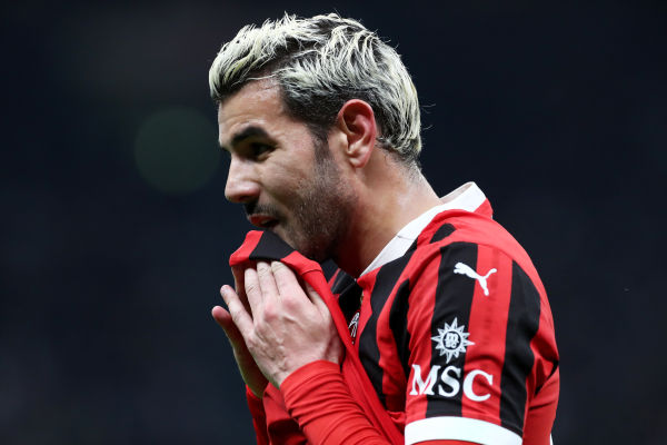 MILAN, ITALY - APRIL 02: Theo Hernandez of AC Milan reacts during the Coppa Italia Semi Final match between AC Milan and FC Internazionale at Stadio Giuseppe Meazza on April 02, 2025 in Milan, Italy. (Photo by Marco Luzzani/Getty Images)