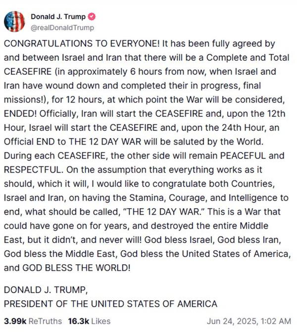 Screengrab shows U.S. President Donald Trump's post on social media platform Truth Social, accessed June 24, 2025. (Photo via Truth Social)