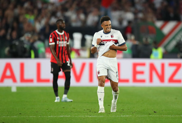 ROME, ITALY - MAY 14: Dan Ndoye of Bologna celebrates scoring his team's first goal during the Coppa Italia Final match between AC Milan and Bologna at Stadio Olimpico on May 14, 2025 in Rome, Italy. (Photo by Paolo Bruno/Getty Images)