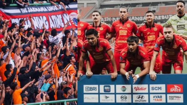RUMOR TRANSFER DAN PELATIH PERSIJA JAKARTA - Kolase foto suporter Persija Jakarta, Jakmania (kiri) dan para pemain Macan Kemayoran di gelaran Liga 1 2024/2025 (kanan).