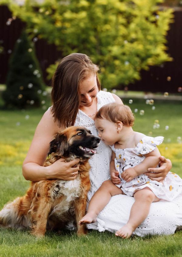woman hugging child and dog