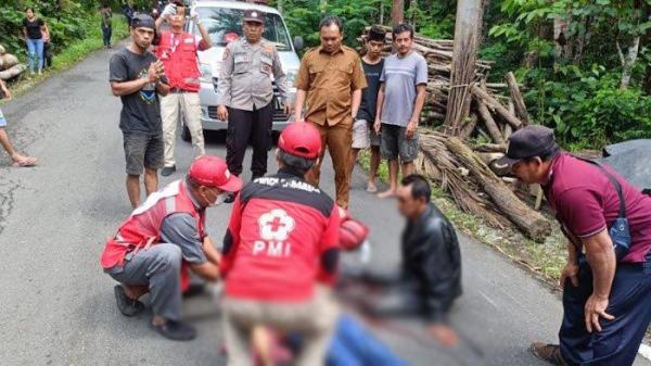 KECELAKAAN MAUT : Kecelakaan maut di Ruas Jalan Munjungan - Kampak, Desa Ngadimulyo, Kecamatan Kampak, Kabupaten Trenggalek, Jawa Timur, Selasa (24/6/2025). Laka Lantas tersebut mengakibatkan seorang penumpang Parti (55) meninggal dunia di lokasi.