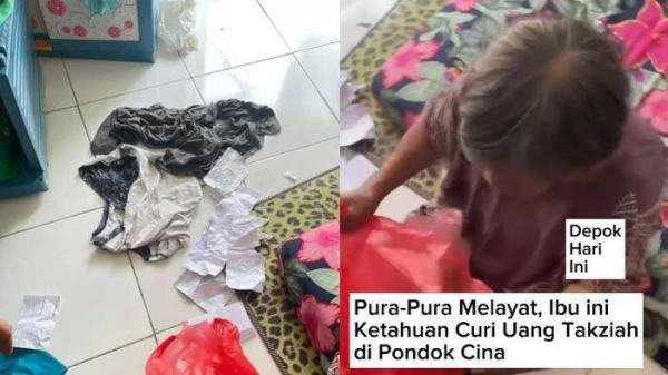 Tangkapan layar video seorang wanita paruh baya di Depok viral kedapatan mencuri uang takziah setelah berpura-pura melayat.