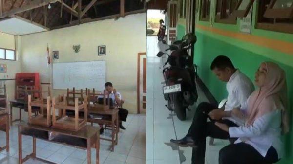 SEKOLAH KEKURANGAN MURID - Guru SDN Wayut 01 Kecamatan Jiwan, Kabupaten Madiun, sedang menunggu di salah satu kelas menanti kedatangan calon wali murid yang akan mendaftar di SPMB, Senin (16/6/2025) pagi. SDN Wayut 01 baru mendapatkan satu murid baru jelang tahun ajaran baru.