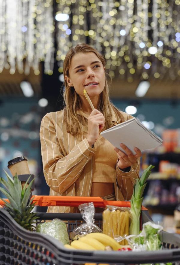 frugal woman shopping using a list to keep from going broke