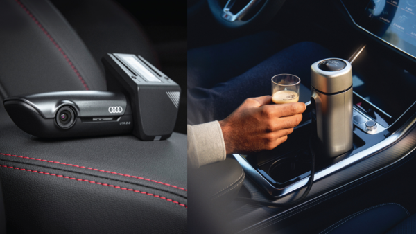 Audi-branded dashcam and a built-in compact espresso machine