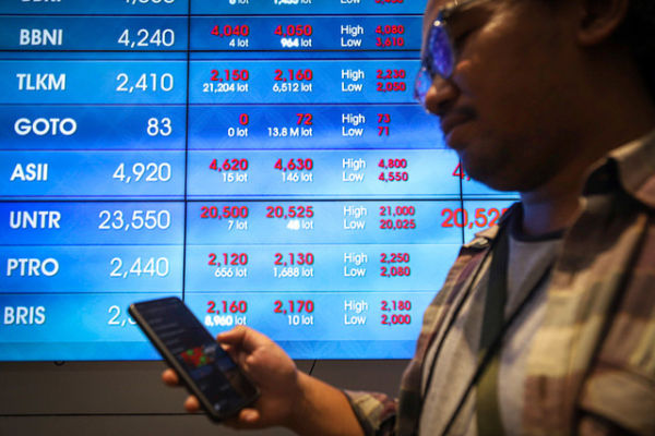 Layar digital menampilkan pergerakan Indeks Harga Saham Gabungan (IHSG) di Bursa Efek Indonesia (BEI), Jakarta, Selasa (8/4/2025).  Foto: Iqbal Firdaus/kumparan