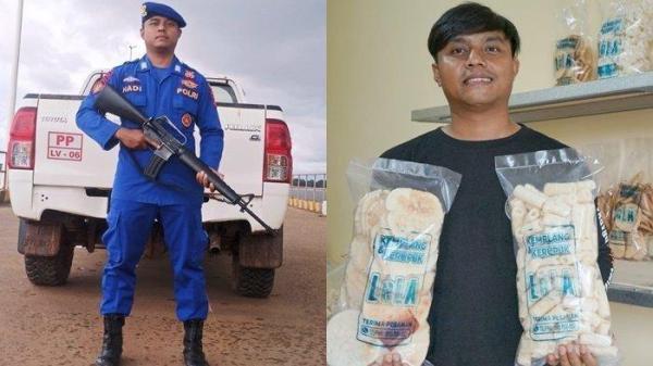 JUALAN KERUPUK - Bripka Hadi Wibowo anggota Sat Polairud Polres OKI yang merintis usaha Kerupuk Kemplang di Tegal Binangun Perbatasan wilayah Palembang dan Kabupaten Banyuasin.
