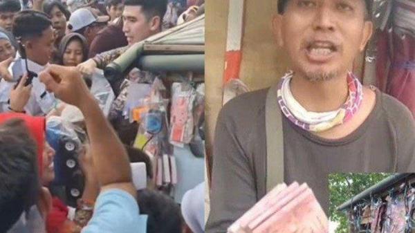 MERUGI - Tangkapan layar video viral Verrell Bramasta memborong dagangan penjual mainan (kiri) bernama Kastimatong alias Hasdimah. Penjual mainan (kanan) sempat kecewa karena merugi setelah diborong. Namun Verrell akhirnya memberikan uang cash Rp10 juta, Selasa (1/7/2025).