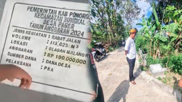 VIRAL - Screnshot video viral bocil review jalan di desa Pager, Kecamatan Bungkal, Kabupaten Ponorogo, Jatim. Video berdurasi 2 menit 19 detik mereview pembangunan jalan yang menelan biaya Rp 190 juta di tahun anggaran 2024. Pemerintah Desa (Pemdes) Pager saat menunjukkan jalan yang viral direview bocil.