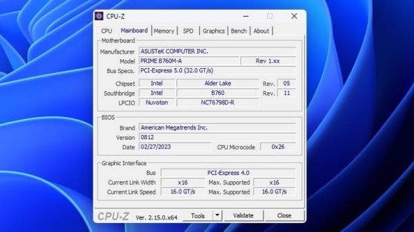 CPU-Z showing the first PCIe 4.0 x16 slot running at full bandwith