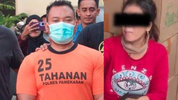 KURIR DIANIAYA - Wajah tersangka Zainal Arifin yang cekik kurir lantaran paket ponsel yang dipesan istrinya palsu, saat digiring masuk ke ruang tahanan Polres Pamekasan, Madura, Rabu (2/7/2025) dan tampang istrinya dalam video viral.